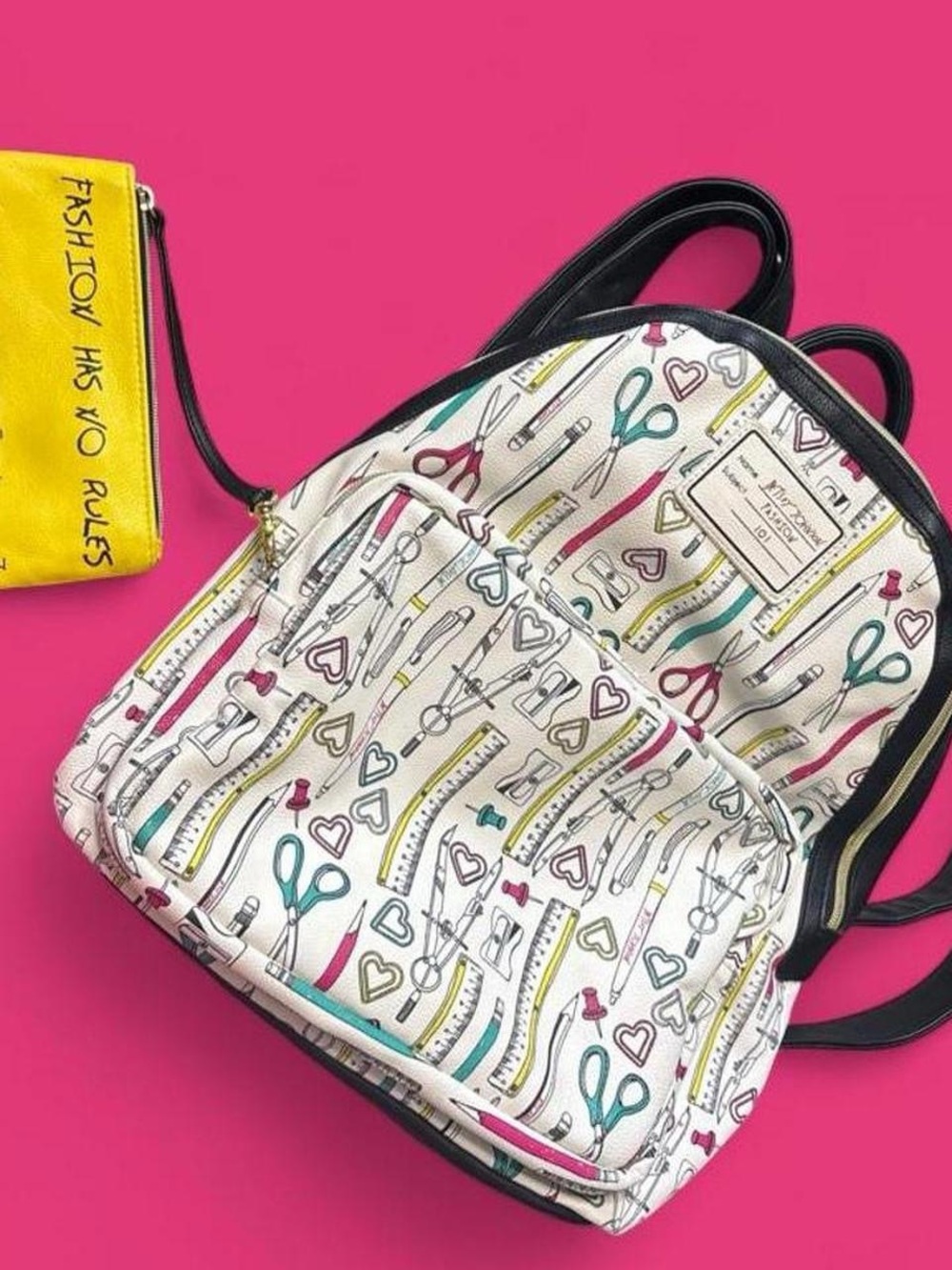 Betsey Johnson Y2K White Patterned Mini Backpack with Multicolor Sewing Motif